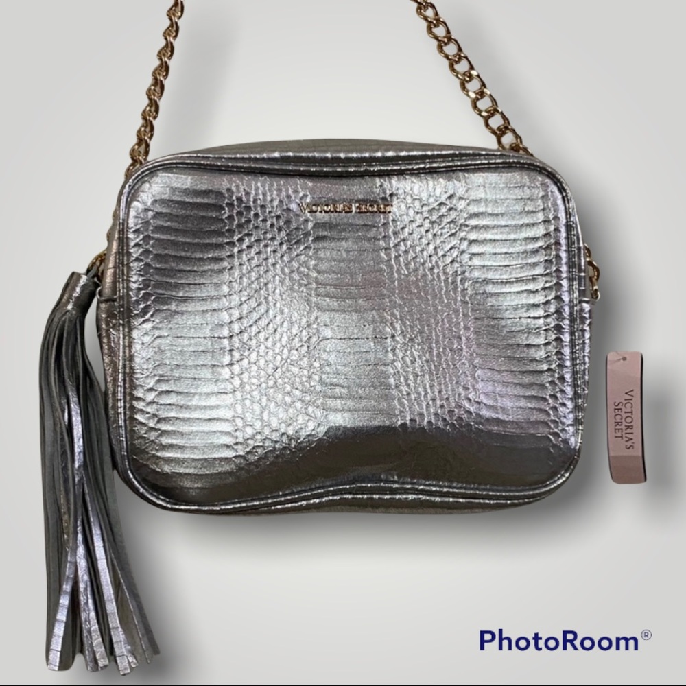 Victoria's Secret Silver Faux Leather Crossbody Chain Strap Bag With Tassel